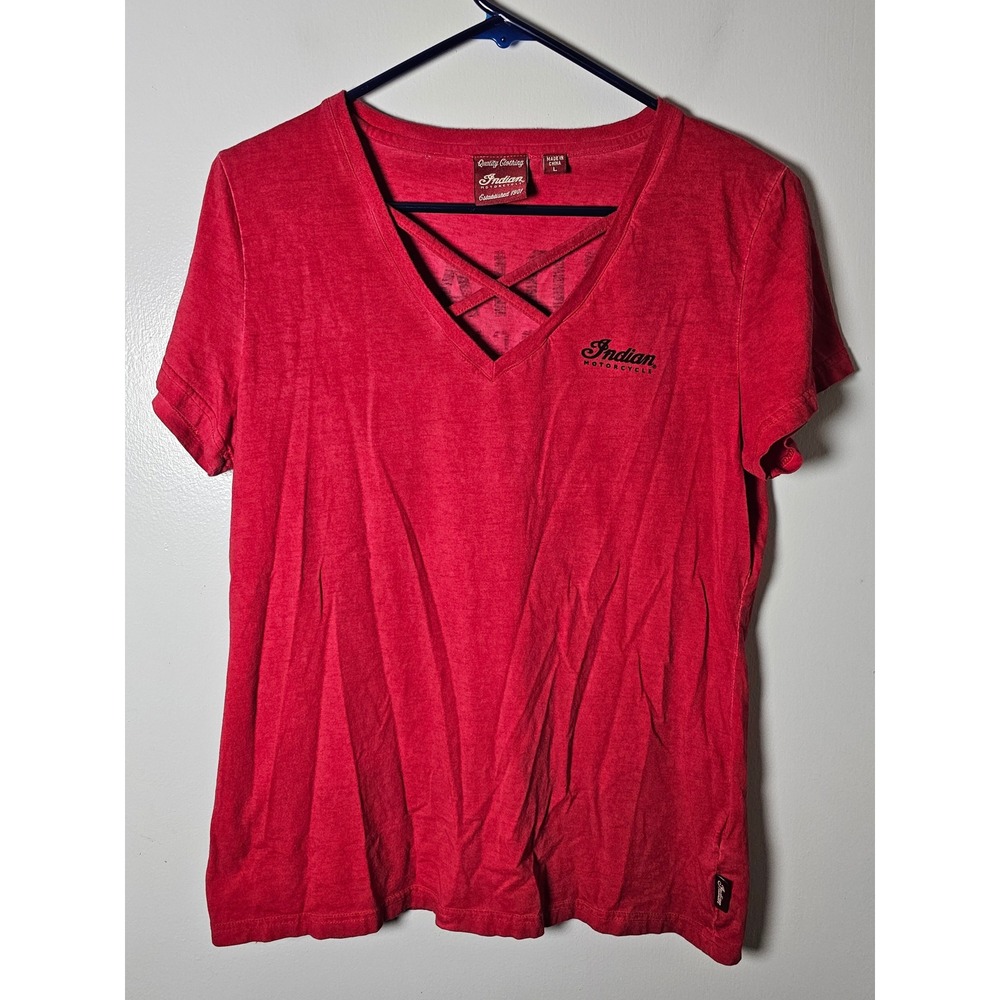 Indian Motorcycle Womens Red V-Neck Strappy Rhinestone Graphic T-Shirt Large